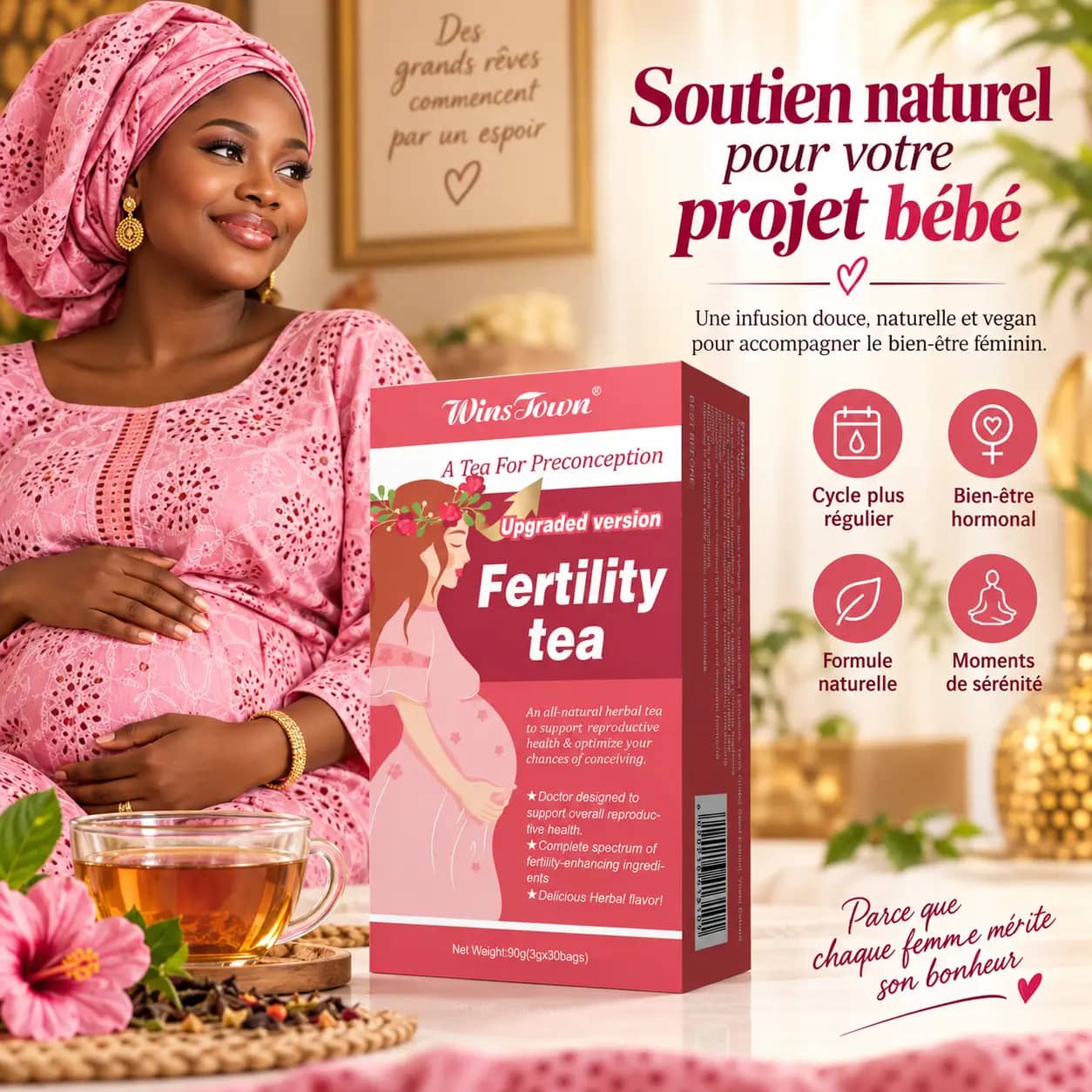 Thé Fertilité Naturel WinsTown – Infusion Bien-Être Féminin Vegan pour Accompagner Votre Projet Bébé