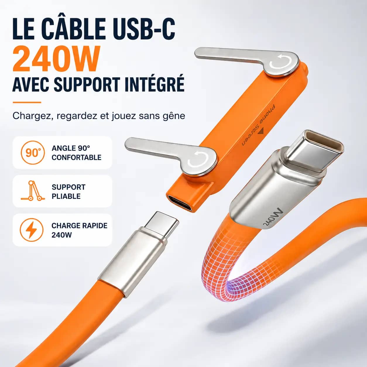 Câble USB-C 240W à Charge Ultra-Rapide avec Support Détachable