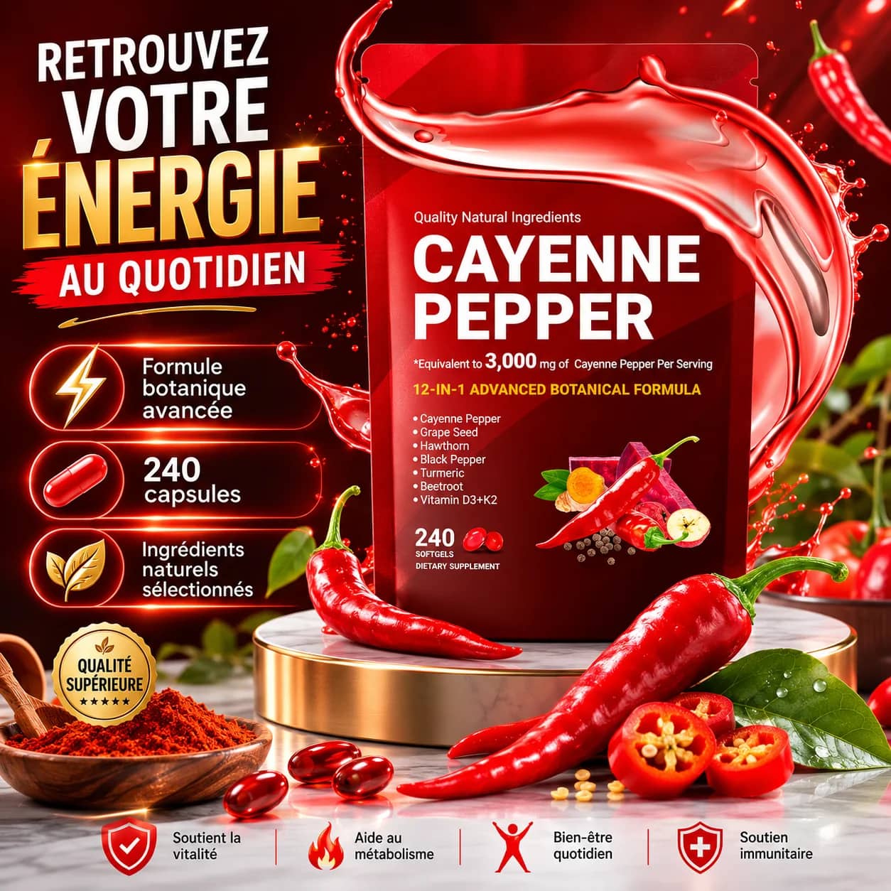 Sachet de gélules au piment de cayenne - Vitalité & Énergie Masculine